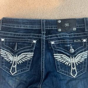 Miss me embroidered rhinestone blue jeans, lightly worn, good condition